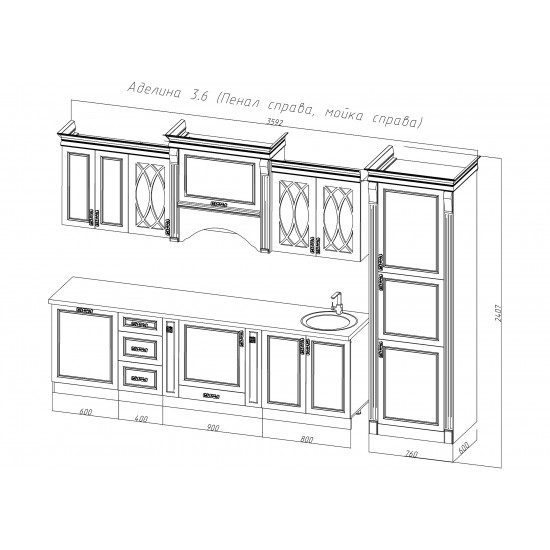 Кухня прямая Кухня Аделина 360 правый (СКФМ)